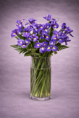 Purple Irises in Glass Vase –