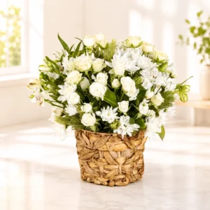 White Sympathy Flower Basket