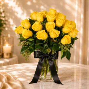 Yellow Rose Black Ribbon Vase